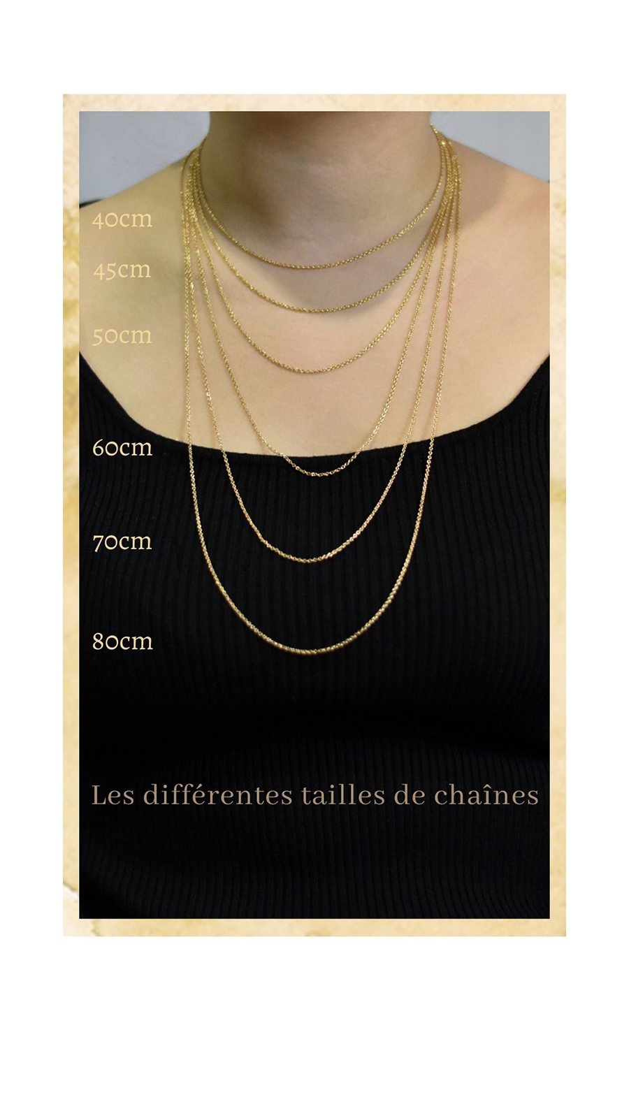 Portfolio créations Actuelle Bijoux portées, tailles chaînes.